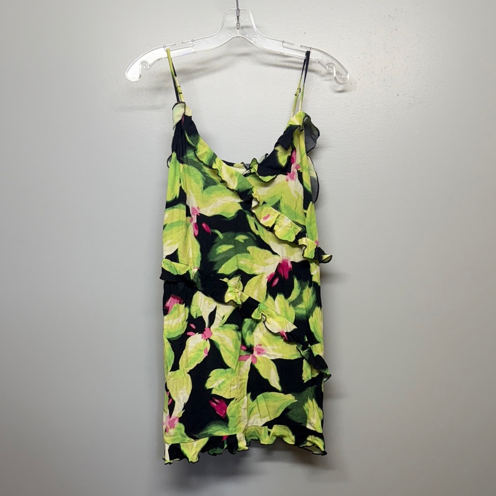 Green Tropical Floral Ruffle Mini Dress